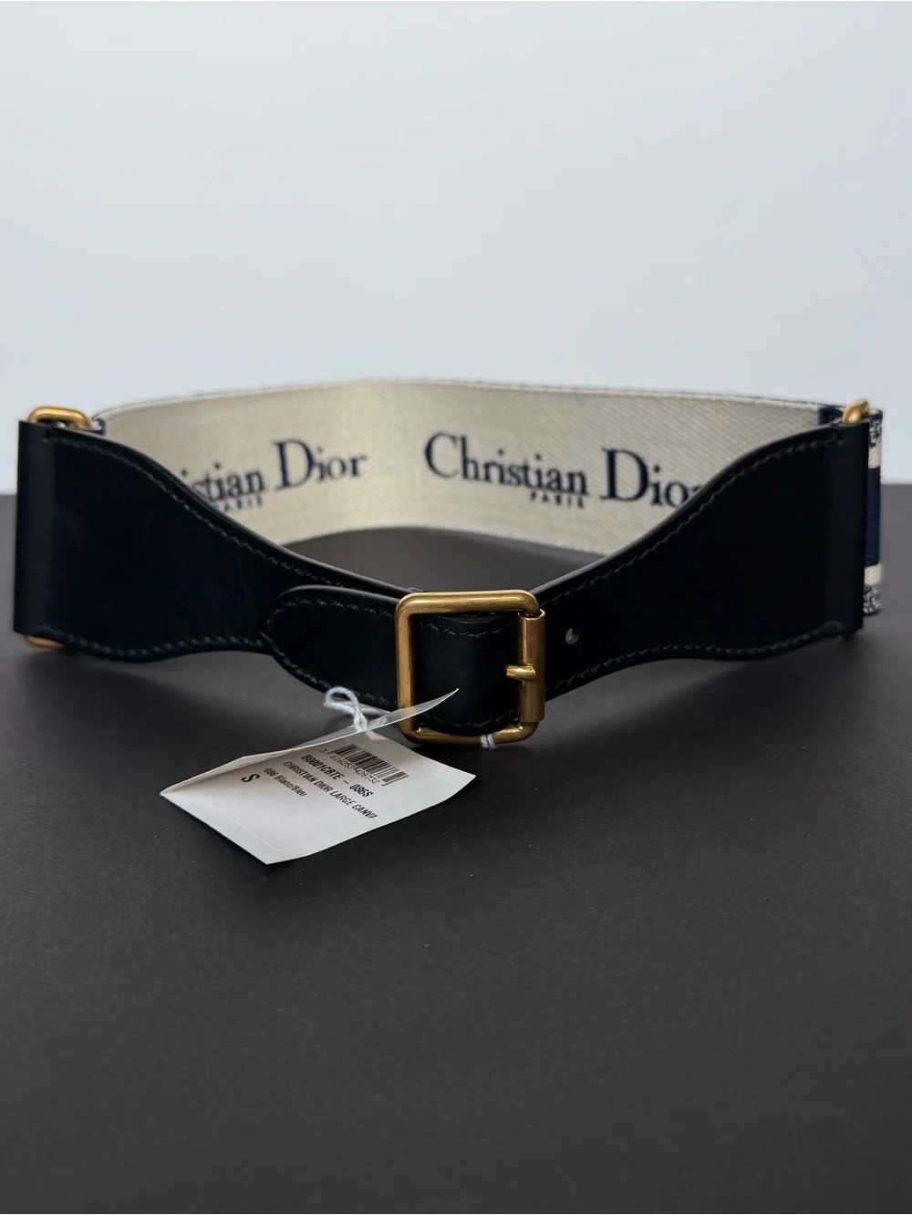 New! Dior Navy and White Signature Logo Canvas/Leather Belt